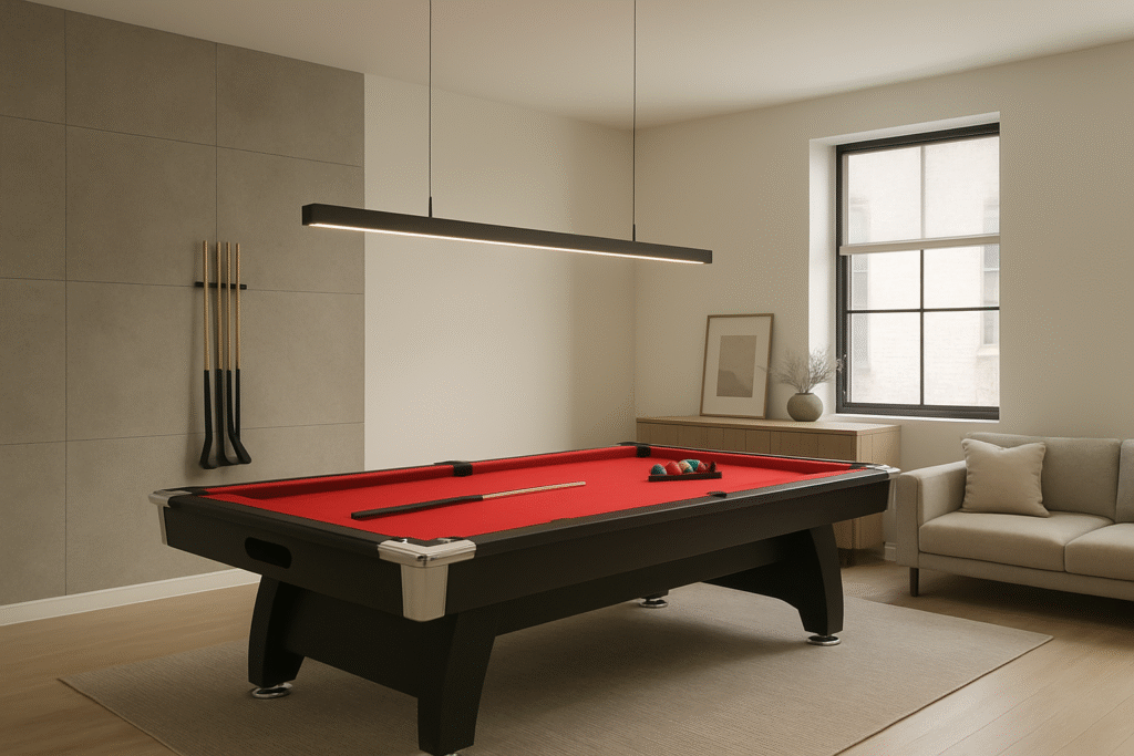 Modern minimalist room with a central pool table, soft lighting, and stylish decor highlighting pool table as a home centerpiece