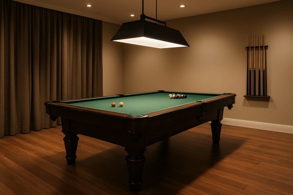 Elegant modern game room featuring a premium dark wood pool table with green felt, overhead lighting, polished wood floor, and neatly arranged cues.