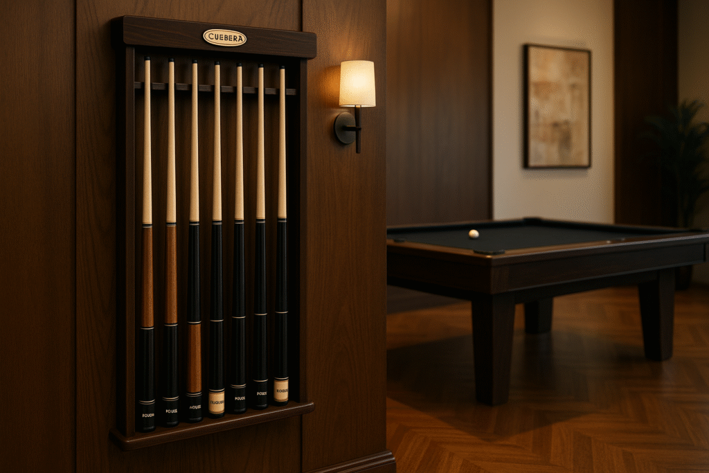Elegant Malaysian game room corner featuring a Cuebera cue rack with neatly arranged cues and a modern pool table in the background, showcasing premium craftsmanship and proper cue maintenance setup.